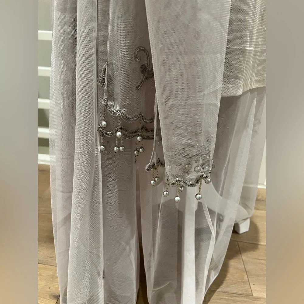 Lehenga - silver/gray, sequence & bead work, sheer skirt, solid satin pants, XS - Picture 7 of 9